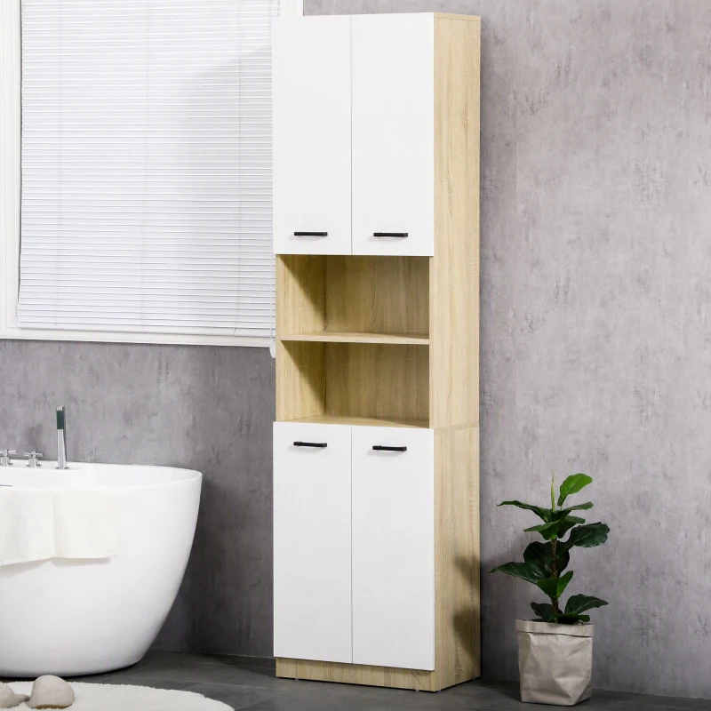 kleankin Colonne de Salle de Bain, Meuble de Rangement avec 4 Portes, 2 Compartiments Ouverts, Étagères Réglables, Blanc et Chêne