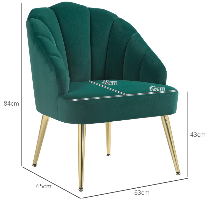 HOMCOM Poltroncina da Camera e Salotto a Conchiglia Stile Art Deco, in Tessuto Vellutato e Acciaio, 63x65x84 cm, Verde