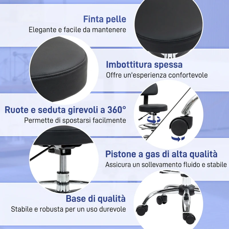 HOMCOM Sedia Girevole ad Altezza Regolabile con Poggiapiedi, in Acciaio, Finta Pelle e Gommapiuma, 52x52x78-92 cm, Nero