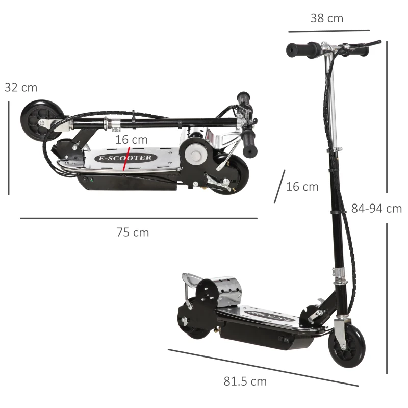 HOMCOM Monopattino Pieghevole per Bambini 7-12 Anni da 120W con Freno e Cavalletto, 75x37x98 cm, Nero