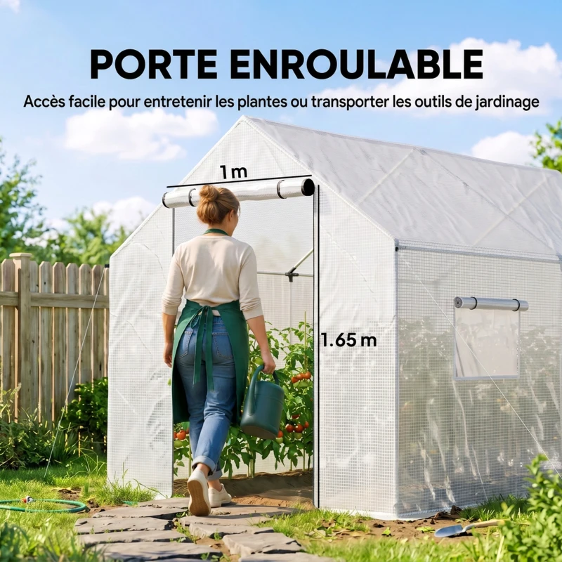 Outsunny Serre de jardin tunnel 2 x 3m, 6m² avec porte enroulable, 4 fenêtres, - Acier galvanisé PE Haute densité Blanc
