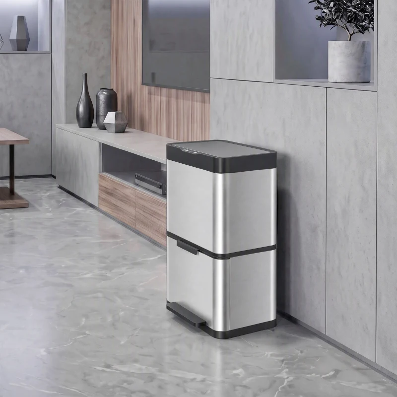 HOMCOM Coș de Gunoi Automat cu Senzor pentru Colectare Selectivă, 3 Compartimente (2 x 12,5 L + 15 L), din Oțel Inoxidabil, Găleți Detașabile