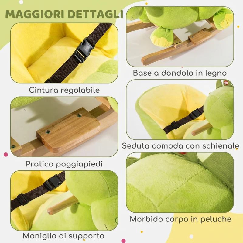 HOMCOM Cavallo a Dondolo per Bambini in Legno Dinosauro, Cavalluccio per Bambini, 60x33x45cm, Verde