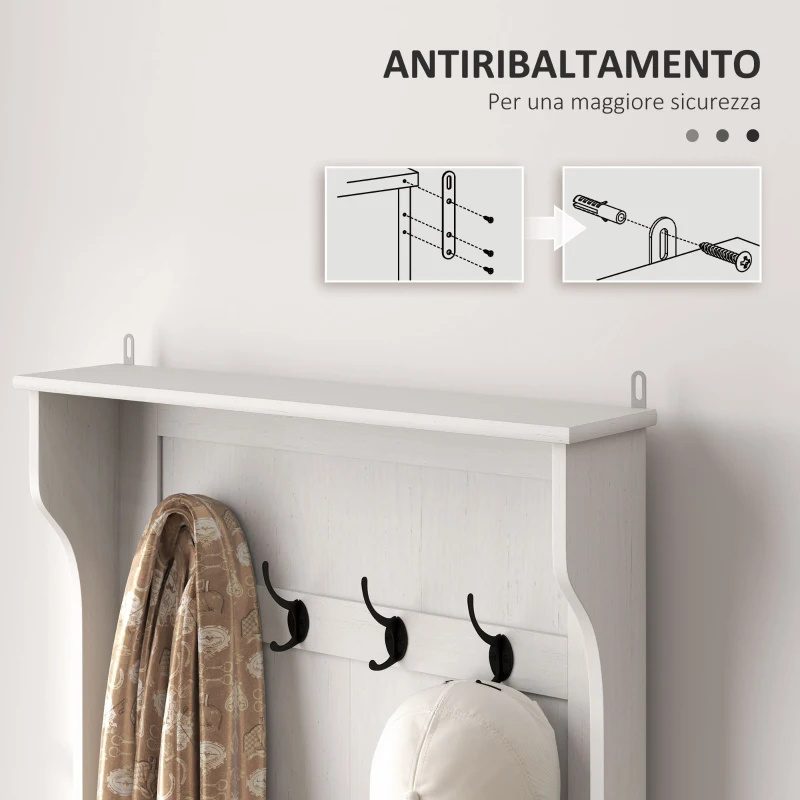 HOMCOM Mobile Appendiabiti 3 in 1 con 4 Ganci e Panca Contenitore, in Legno, 71.5x39.5x170 cm, Bianco