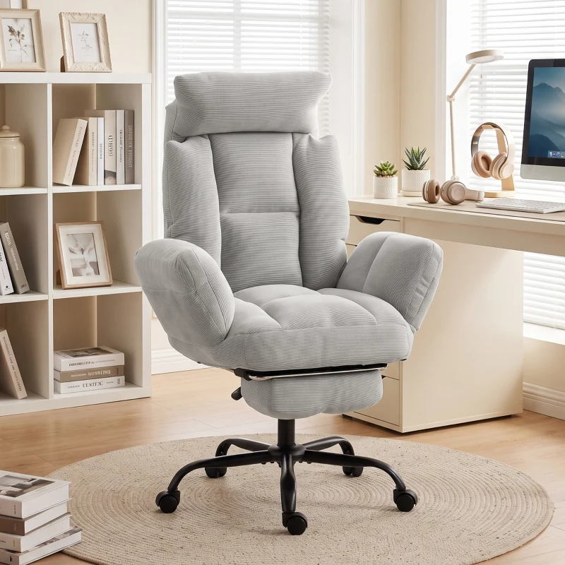 HOMCOM Executive Office Chair Height Adjustable Desk Chair Reclining Flip-up Armrest Footrest, Light Grey