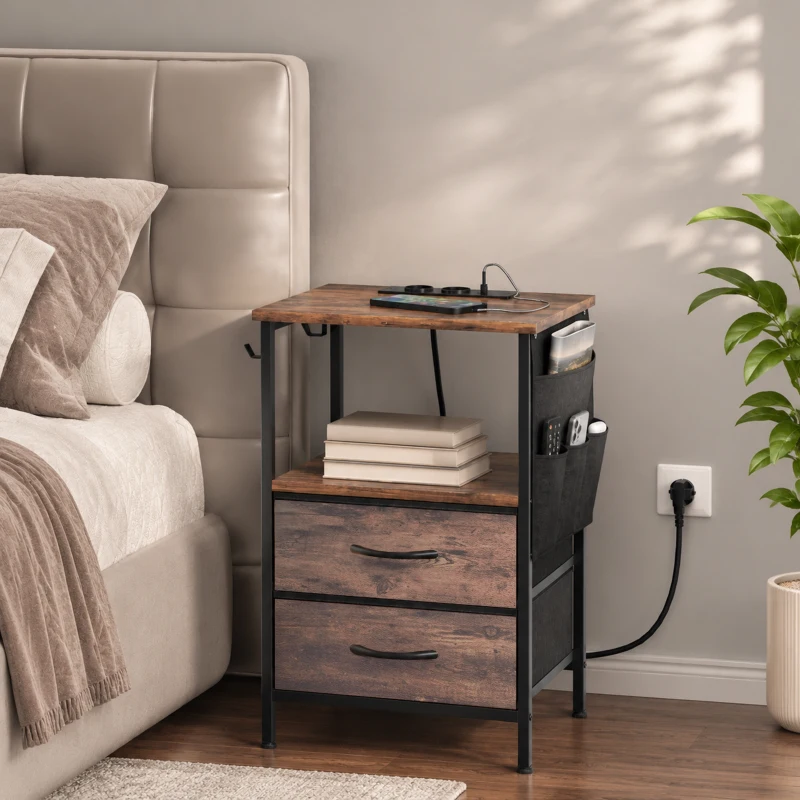 HOMCOM Măsuță industrială pentru living cu stație de încărcare, raft deschis, 2 sertare, maro rustic