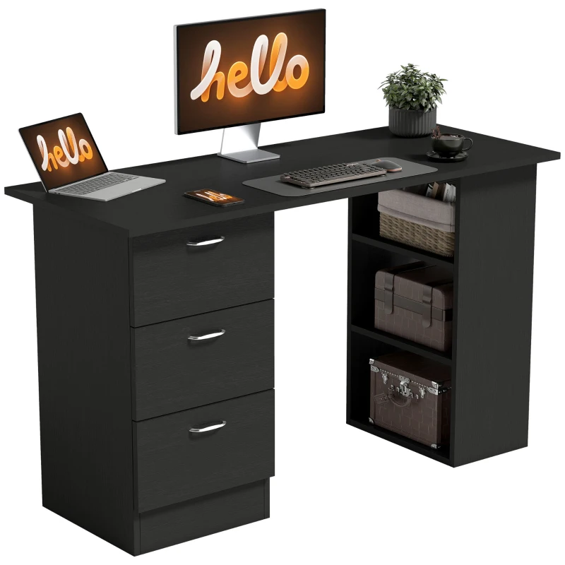 HOMCOM Birou PC cu 3 Rafturi și 3 Sertare pentru Cameră și Birou, din Lemn MDF, 120x49x72 cm, Negru(m-11)