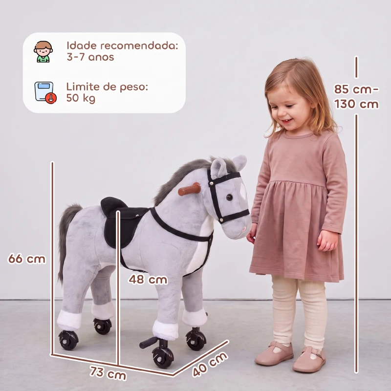 AIYAPLAY Cavalo de Brincar com Rodas, Sons de Cascos, Música, Pedais e Pegas, Estrutura em Metal, +3 Anos, 50 kg, Cinzento