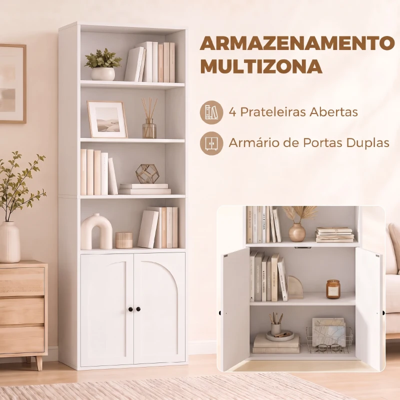 HOMCOM Estante para Livros Alta e Estreita de 6 Níveis com 4 Compartimentos Abertos 2 Portas e Prateleira Ajustável Branca