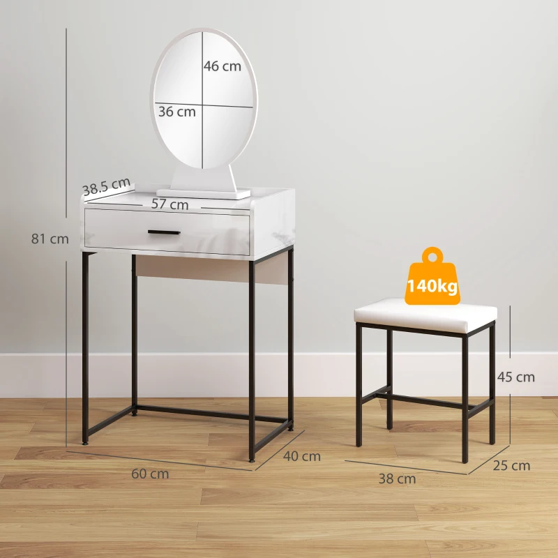 HOMCOM Set Tavolino Toeletta con Specchio da Trucco, Cassetto e Sgabello Imbottito, Bianco
