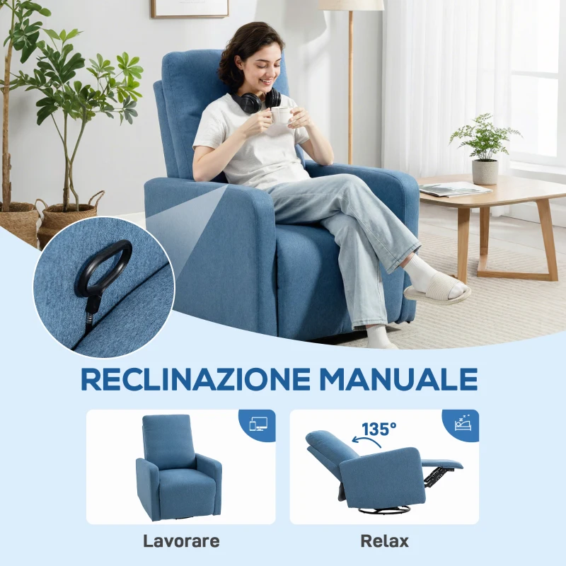 HOMCOM Poltrona Relax Reclinabile Manualmente a 135°, Girevole a 360° con Funzione Dondolo, Blu