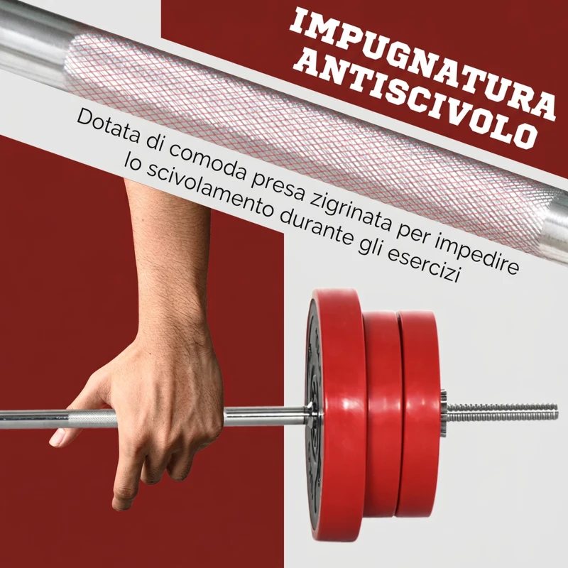 HOMCOM Set Bilanciere e Dischi 65kg totali per Workout in Casa, in Metallo, Sabbia di Ferro e Gomma, Rosso