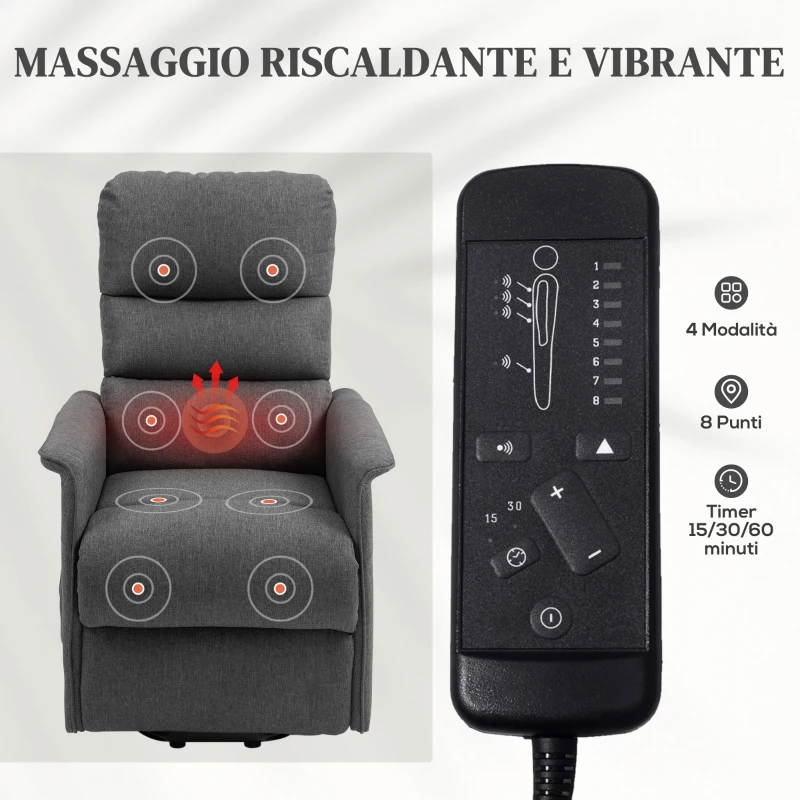 HOMCOM Poltrona Alzapersona Elettrica con 8 Punti Vibranti, 4 Modalità di Massaggio e Riscaldamento, Grigio