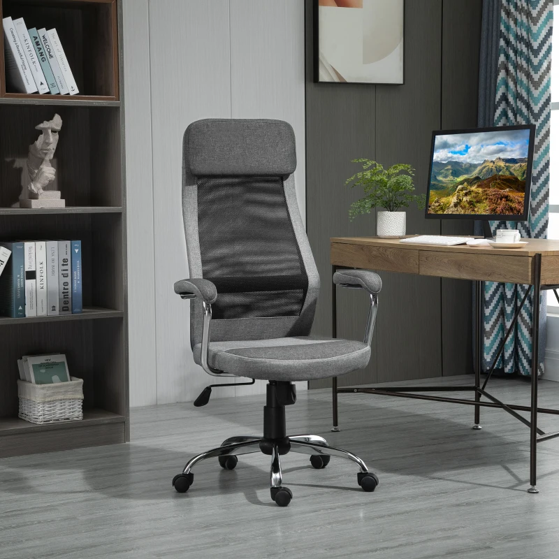 Vinsetto Sedia da Ufficio Ergonomica Girevole, Altezza Regolabile e Dondolamento, Poltrona in Tessuto a Rete 65x67x119-129cm Grigio