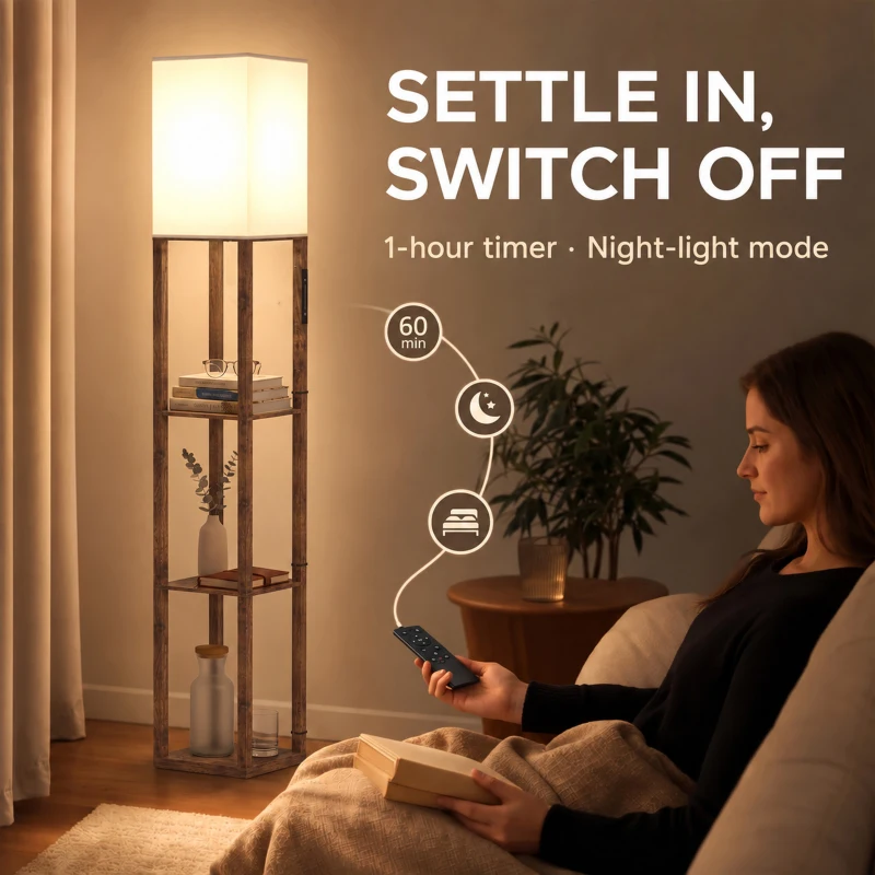 HOMCOM Floor Lamp with Shelves, Modern Dimmable Standing Lamp with Fabric Shade, Adjustable Colour Temperature, Rustic Brown