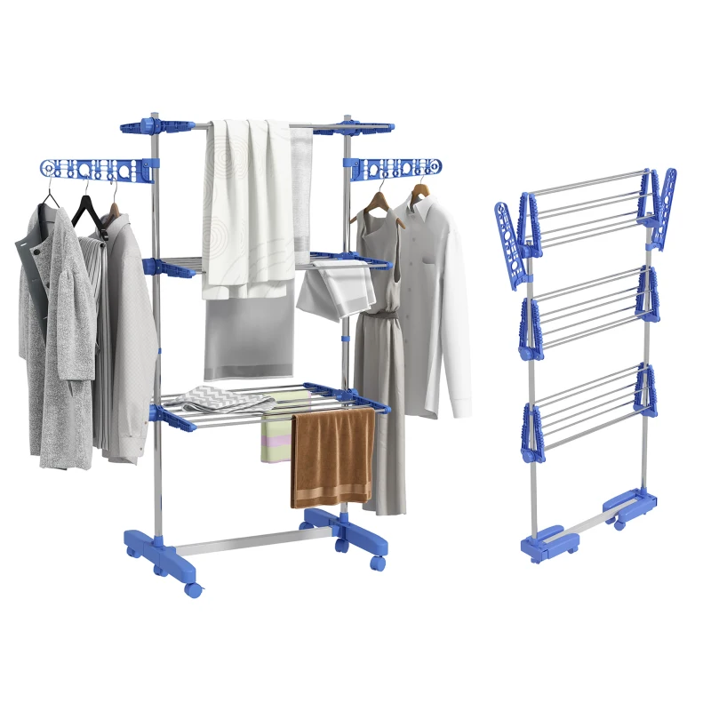 HOMCOM Séchoir à linge étendoir pliable ailes latérales utilisation intérieure et extérieure 3 niveaux 142 x 55 x 152 cm bleu