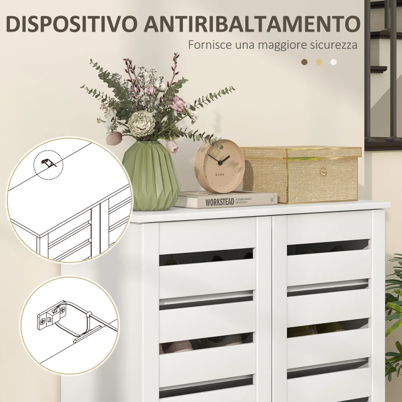 HOMCOM Mobile Scarpiera a 5 Livelli con 4 Ripiani Regolabili e Ante a Doghe, in Legno, 76x33Px98 cm, Bianco