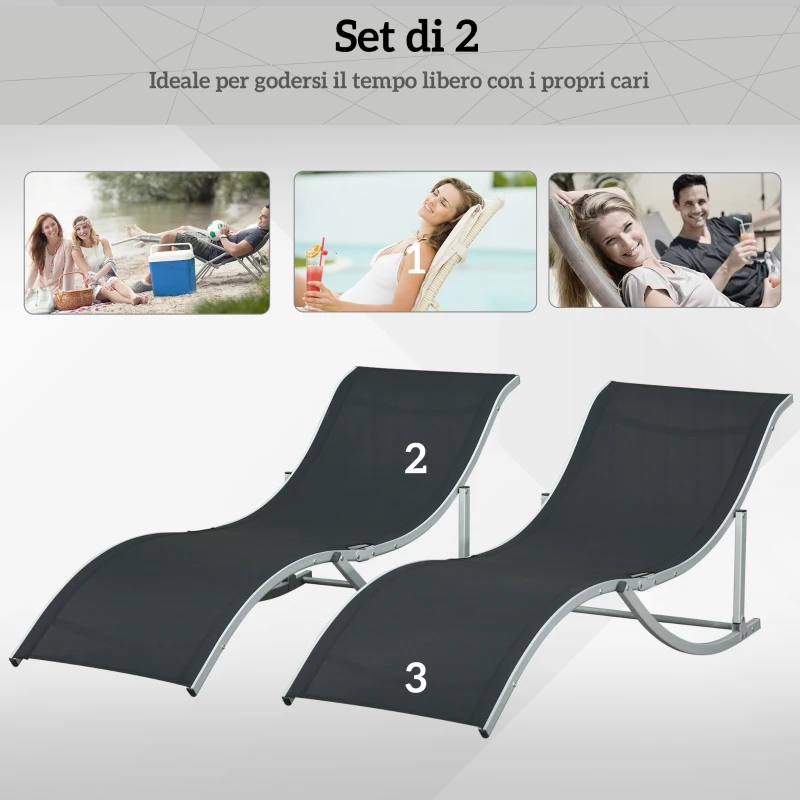 Outsunny Set 2 Sdraio da Giardino Pieghevoli in Alluminio e Texteline, 61x165x63 cm, Nero