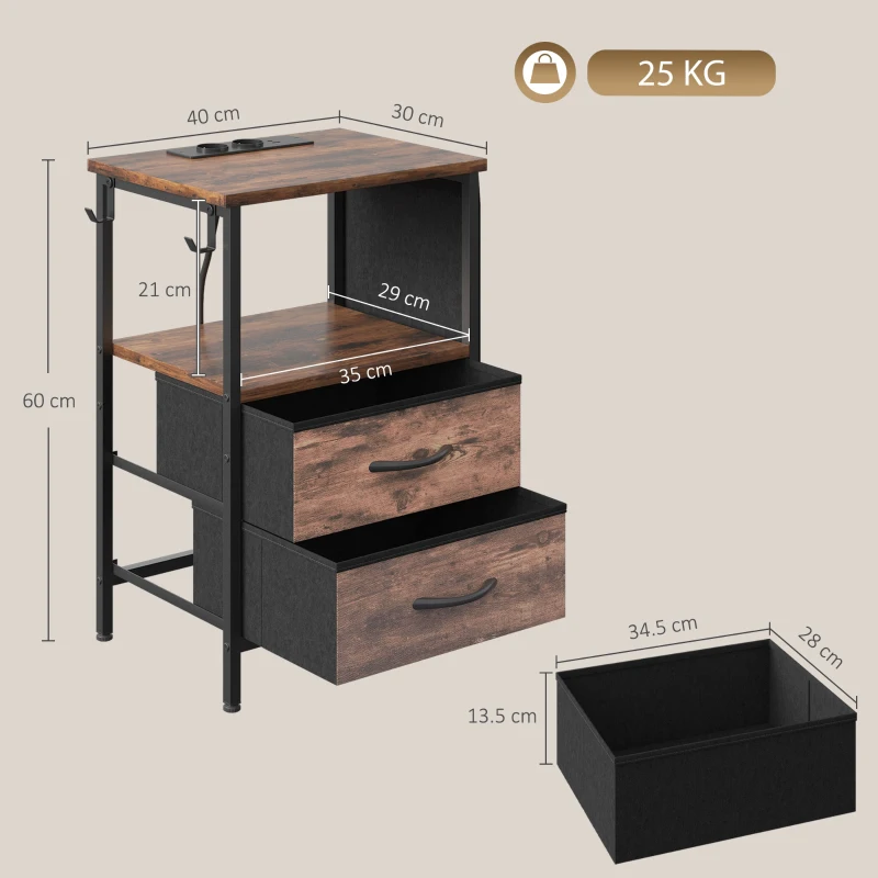 HOMCOM Măsuță industrială pentru living cu stație de încărcare, raft deschis, 2 sertare, maro rustic