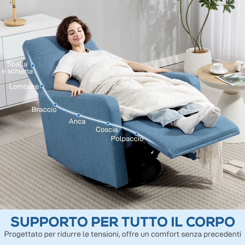 HOMCOM Poltrona Relax Reclinabile Manualmente a 135°, Girevole a 360° con Funzione Dondolo, Blu