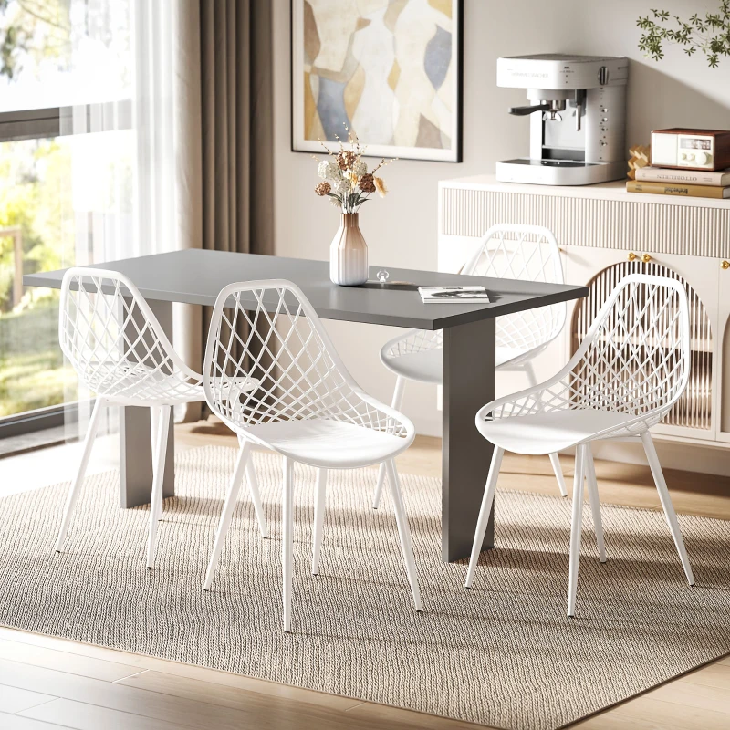HOMCOM Set 4 Sedie da Pranzo Moderne con Schienale Traforato in Plastica e Gambe in Metallo, Bianco