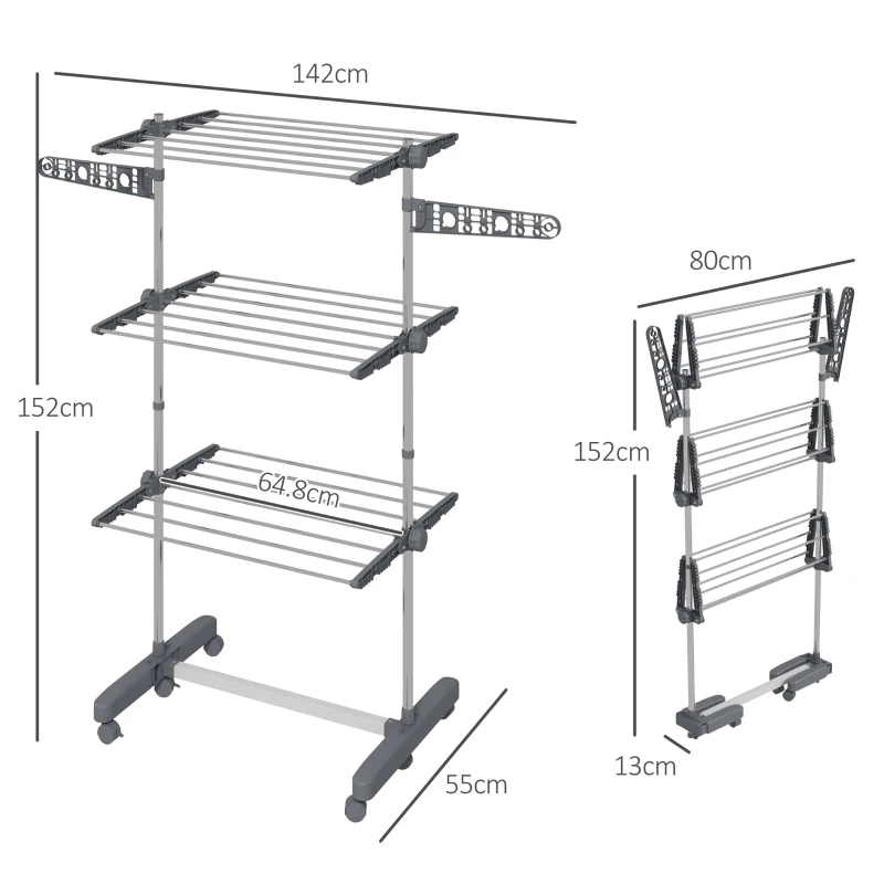 HOMCOM Stendino Verticale con 3 Ripiani Regolabili, in Acciaio e Plastica, 142x55x152 cm, Grigio e Argento