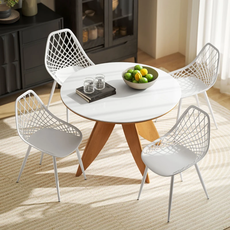 HOMCOM Set 4 Sedie da Pranzo Moderne con Schienale Traforato in Plastica e Gambe in Metallo, Bianco