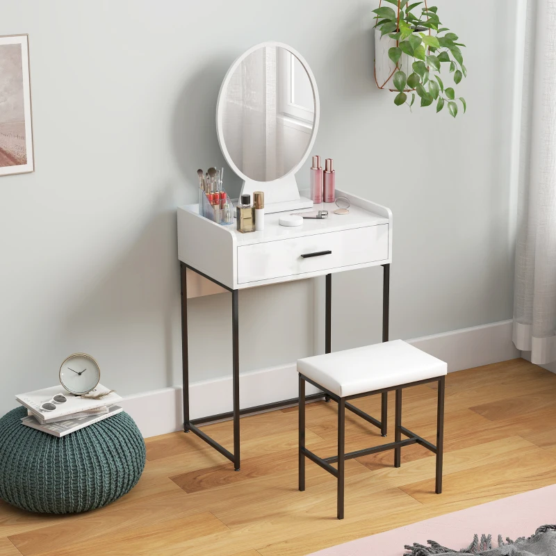 HOMCOM Set Tavolino Toeletta con Specchio da Trucco, Cassetto e Sgabello Imbottito, Bianco