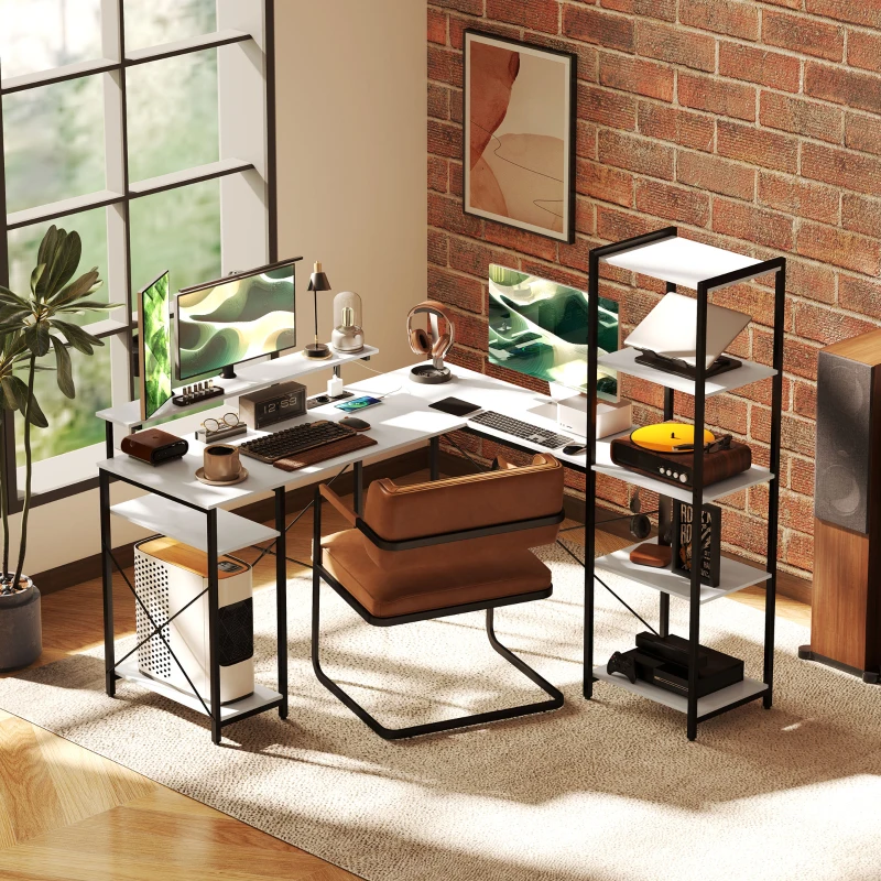 HOMCOM Scrivania Angolare con Presa Elettrica e USB, Scaffale e Supporto per Monitor, Bianco e Nero