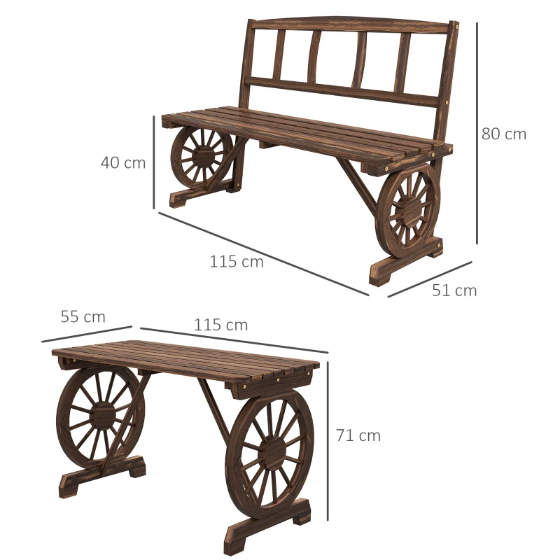 Outsunny Set da Giardino 3 Pezzi in Legno di Pino con 1 Tavolo da Esterno 115x55x71 cm e 2 Panchine 115x51x80 cm