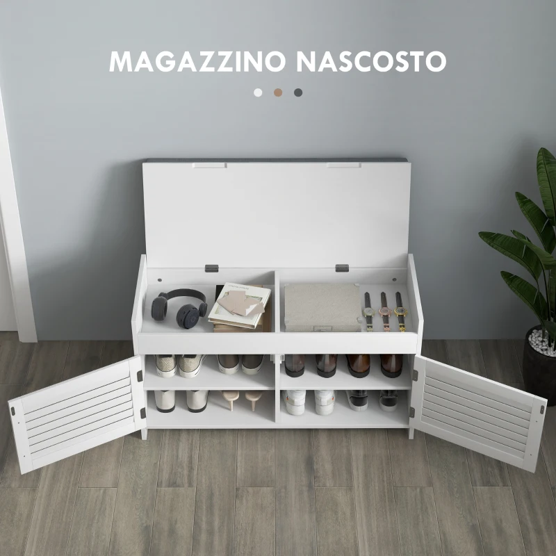 HOMCOM Panca Scarpiera con Ripiano Interno Regolabile su 6 Livelli, in MDF e Simil Lino, 90x36x50 cm, Bianco e Grigio