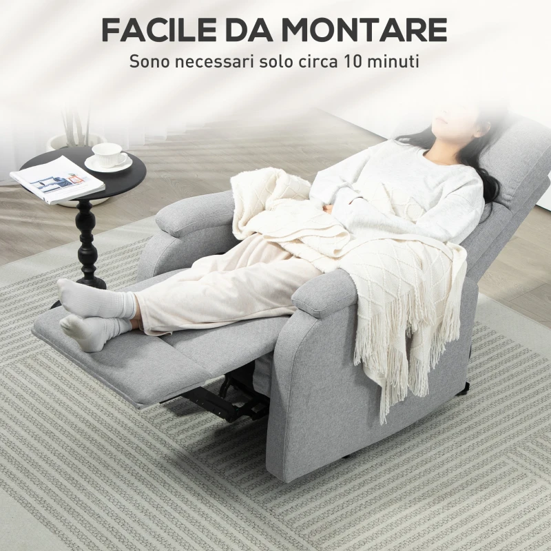 HOMCOM Poltrona Reclinabile Manualmente a 60° Extra Imbottita in Tessuto con Poggiapiedi, Grigio