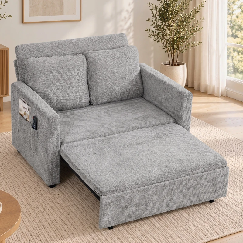 HOMCOM Canapea extensibilă 2 locuri 3-în-1, canapea-lit clic-clac 122 cm chenille, spătar reglabil, buzunare laterale, gri