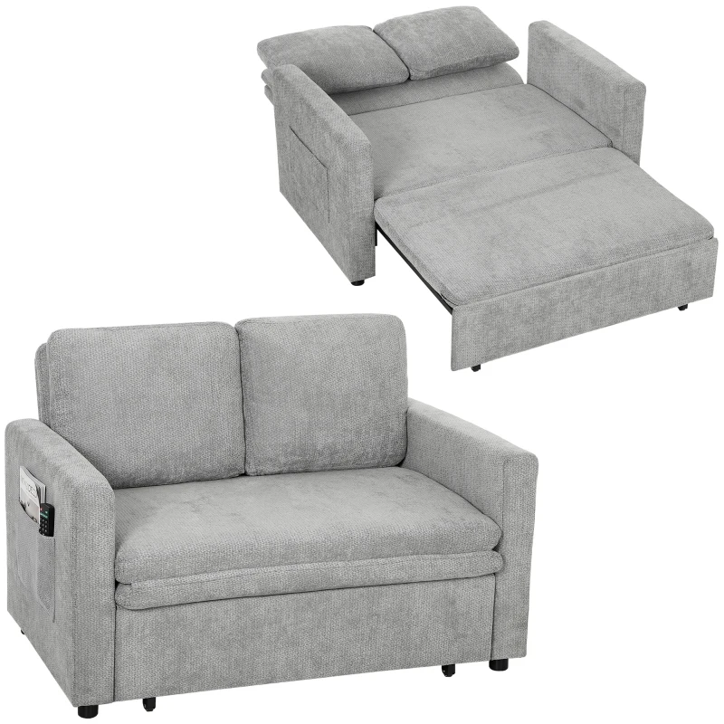 HOMCOM Canapea extensibilă 2 locuri 3-în-1, canapea-lit clic-clac 122 cm chenille, spătar reglabil, buzunare laterale, gri