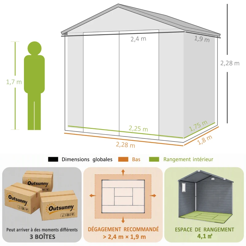 Outsunny Abri de jardin en résine 4,56 m² avec kit de fondation galvanisé structure en aluminium 240 x 190 x 228 cm gris foncé(m-3)
