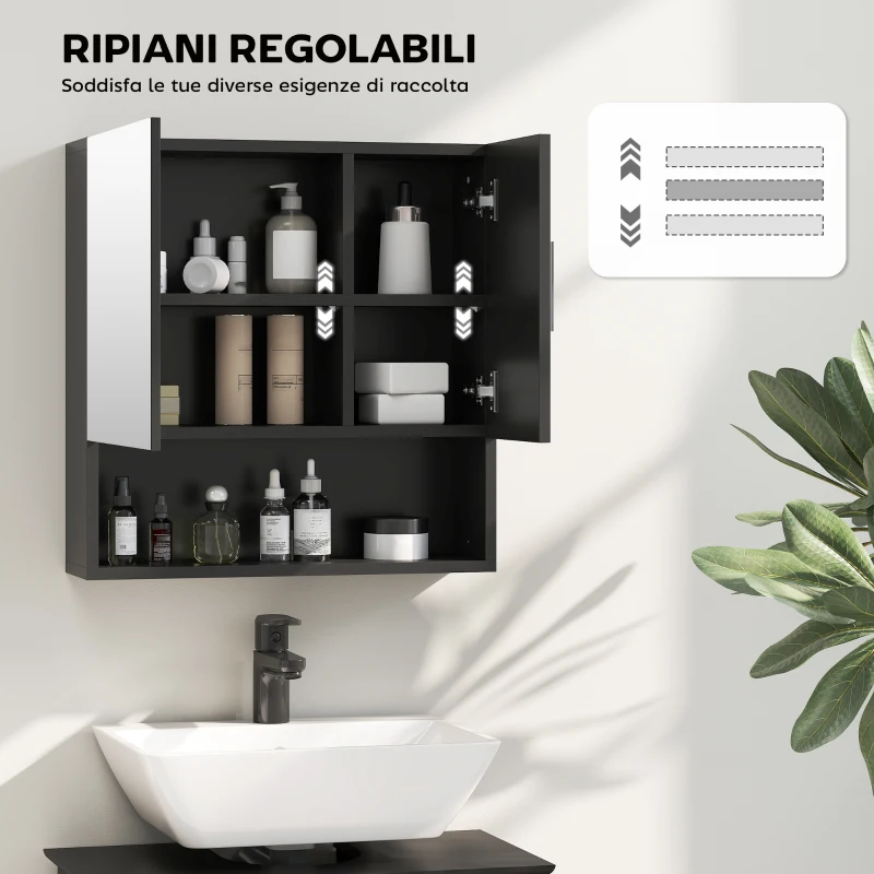 kleankin Armadietto Specchiera Bagno in Legno con Mensole Regolabili e Ripiano Aperto, 54x15.2x55.3 cm, Nero