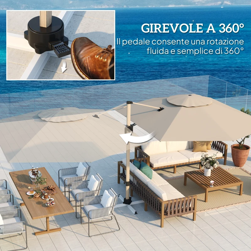 Outsunny Ombrellone a Braccio Inclinabile con Base a Croce, in Poliestere, Alluminio e Metallo, 295x295x260 cm, Cachi