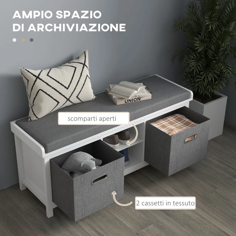 HOMCOM Panca Scarpiera con Ripiano Regolabile a 3 Livelli e 2 Cassetti, in Truciolato, 105x35x47 cm, Bianca e Grigia