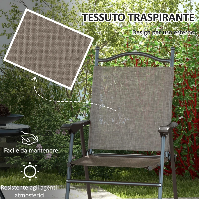 Outsunny Set 2 Sedie Pieghevoli da Giardino con Braccioli e Seduta in Tessuto Traspirante, Marrone