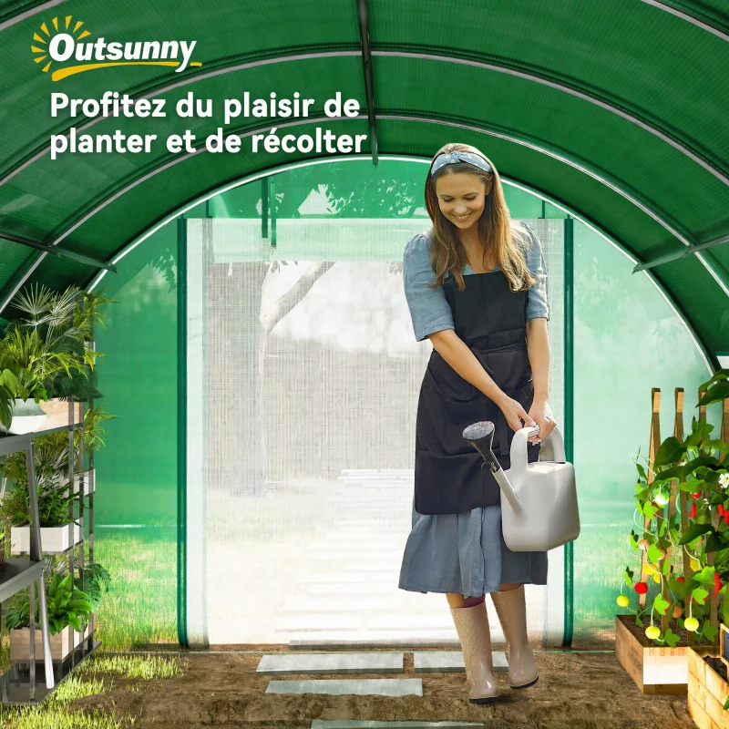 Outsunny Serre Tunnel de Jardin 12㎡, Filet Pare-soleil, Parois Latérales Enroulables, 2 Portes, 8 Fenêtres, 400x300x198cm, Vert