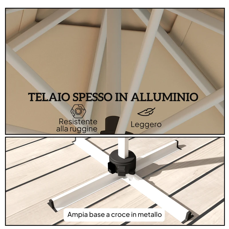 Outsunny Ombrellone a Braccio Inclinabile con Base a Croce, in Poliestere, Alluminio e Metallo, 295x295x260 cm, Cachi