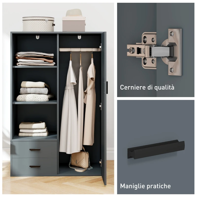 HOMCOM Armadio Moderno con 2 Cassetti, Ripiani Aperti e Vano Appendiabiti, 80x50x124 cm, Grigio Scuro