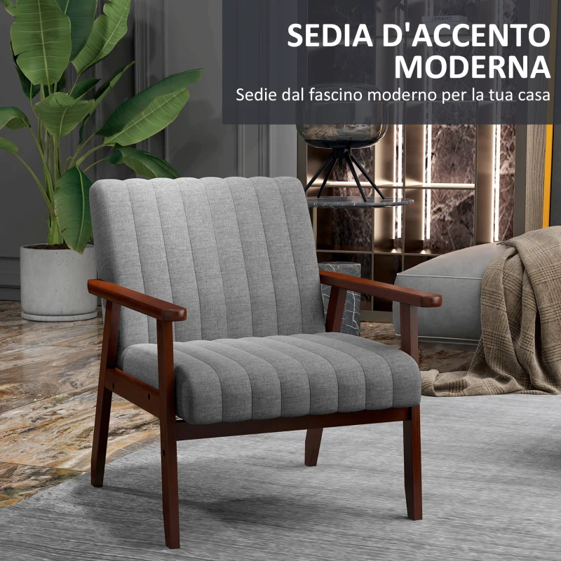 HOMCOM Poltroncina da Camera Moderna Imbottita in Tessuto e Legno con Cuciture Tubolari, Grigio