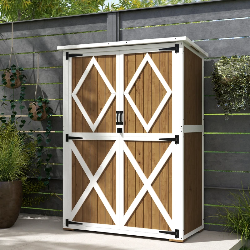 Outsunny Capanno da Giardino in Legno di Abete con 2 Ripiani e 2 Porte, 116.5x57x159/167 cm, Marrone e Bianco