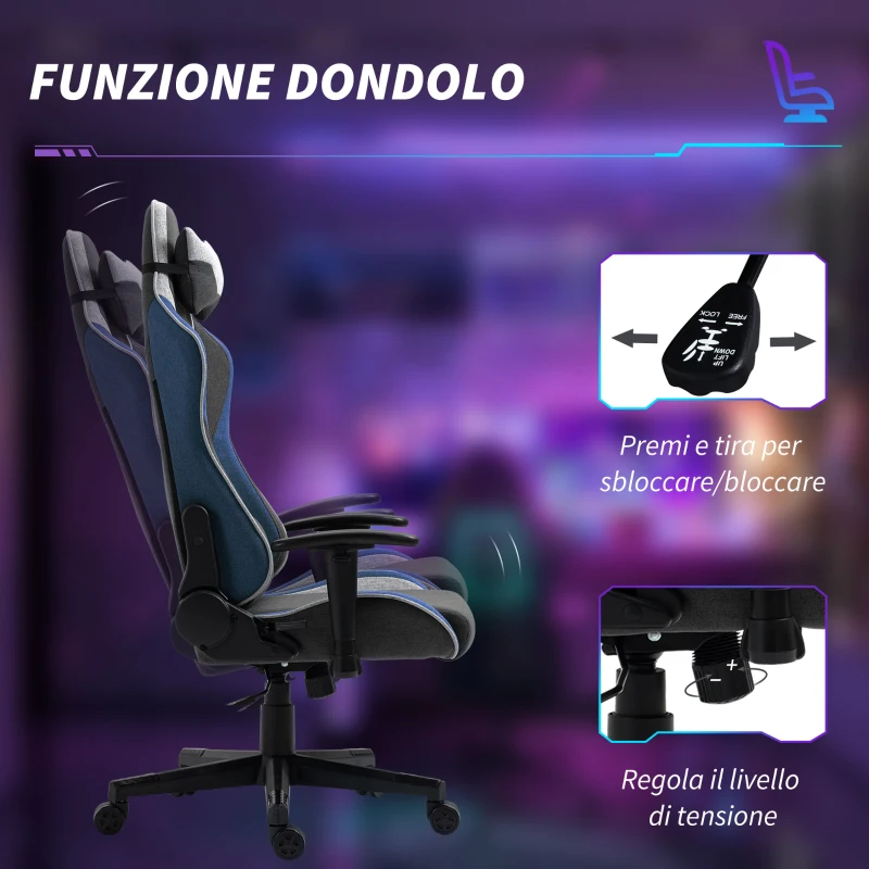 Vinsetto Sedia da Gaming Reclinabile a 150° con Funzione Dondolo, in Tessuto Effetto Lino, 66x53x128-138 cm, Grigio