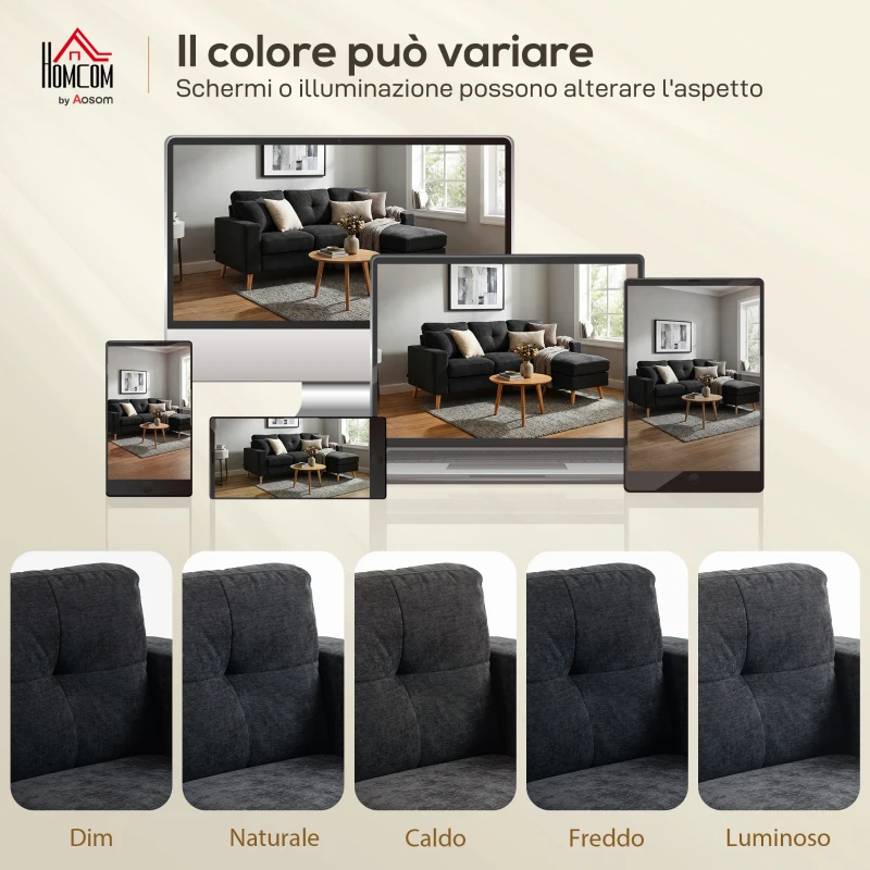 HOMCOM Divano 3 Posti ad Angolo con Penisola Reversibile e Cuscini, in Tessuto Effetto Lino, 193x136x85 cm, Nero