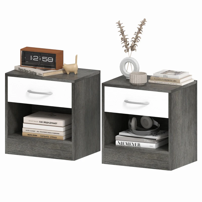 HOMCOM Set 2 Comodini Moderni con Ripiano Aperto e Cassetto, in Legno, 39x28x41 cm, Bianco e Grigio Scuro