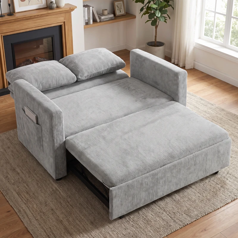 HOMCOM Canapea extensibilă 2 locuri 3-în-1, canapea-lit clic-clac 122 cm chenille, spătar reglabil, buzunare laterale, gri