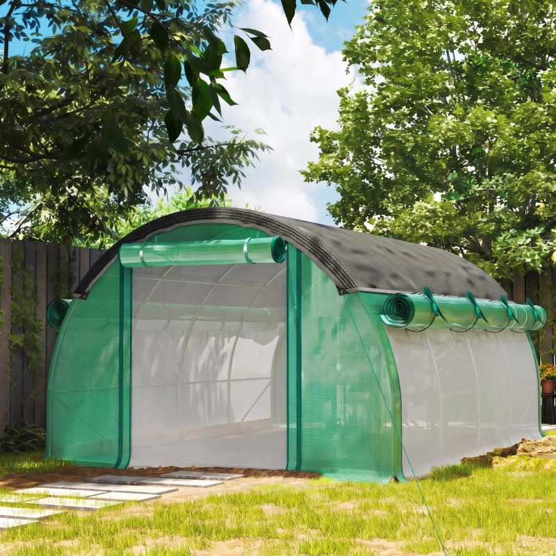 Outsunny Serre Tunnel de Jardin 12㎡, Filet Pare-soleil, Parois Latérales Enroulables, 2 Portes, 8 Fenêtres, 400x300x198cm, Vert