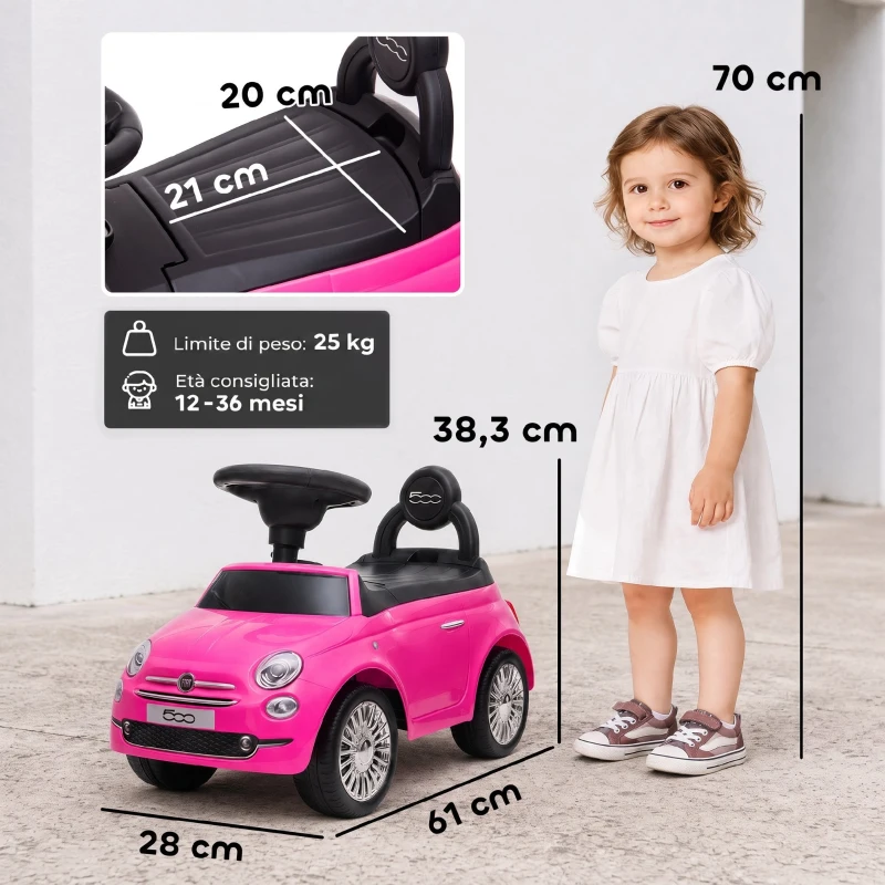 AIYAPLAY Macchina Cavalcabile per Bambini 12-36 Mesi Licenza Fiat con Musica, Clacson e Vano Sottosedile in PP, Rosa